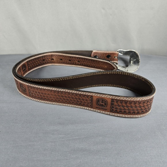 Vintage John Deere Mens 44 Belt Brown Leather Basketweave Tooled Western 90s - Picture 8 of 12